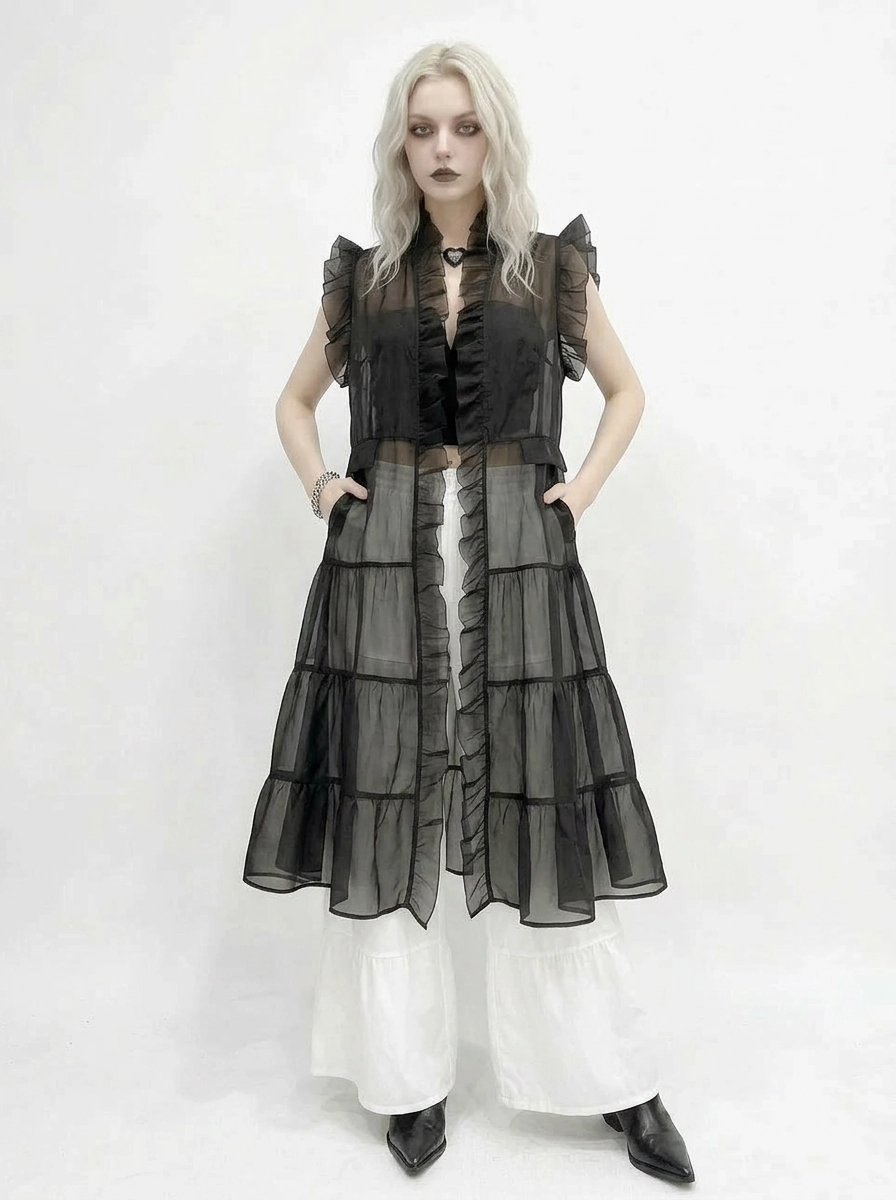 Sheer Gothic Layering Vest – Ruffled Organza Maxi Overlay in Black-SimpleModerne