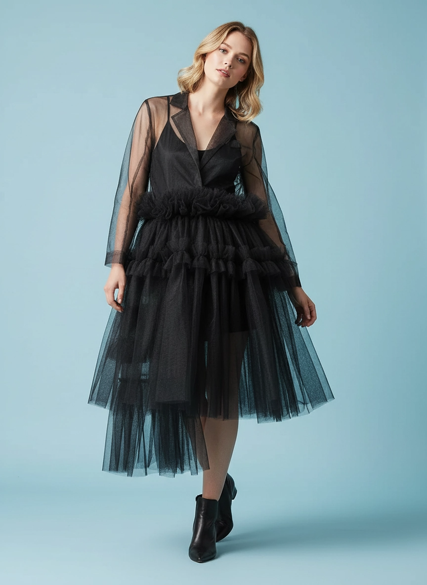 Sheer Noir Tulle Blazer Dress-SimpleModerne