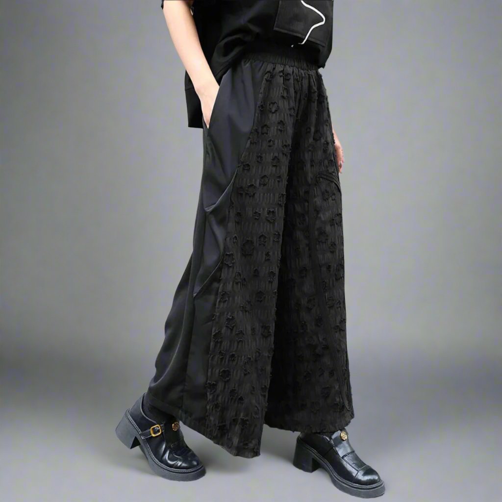 Textured Wide-Leg Trousers – Statement Embossed Design, Adjustable Waist, Streetwear Chic-SimpleModerne