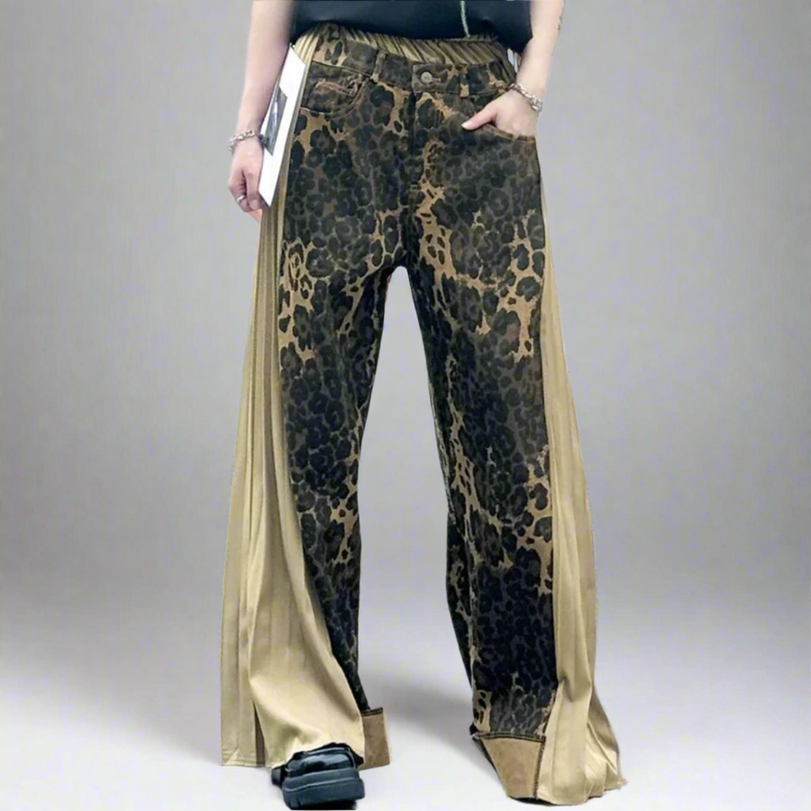 Leopard Print Pleated Wide-Leg Pants-SimpleModerne