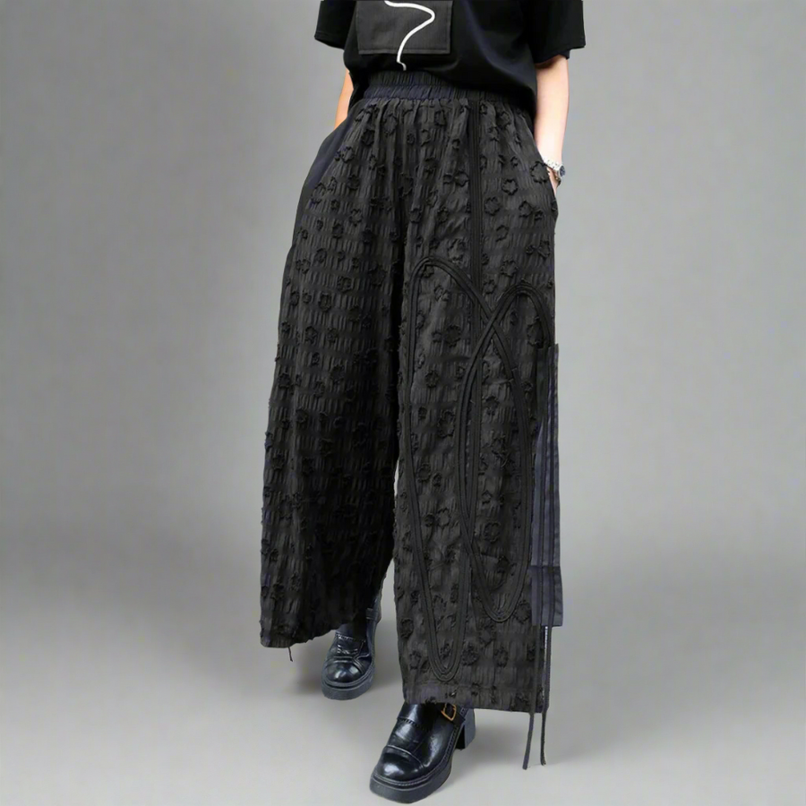 Textured Wide-Leg Trousers – Statement Embossed Design, Adjustable Waist, Streetwear Chic-SimpleModerne