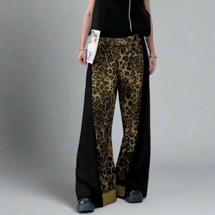 Leopard Print Pleated Wide-Leg Pants-SimpleModerne