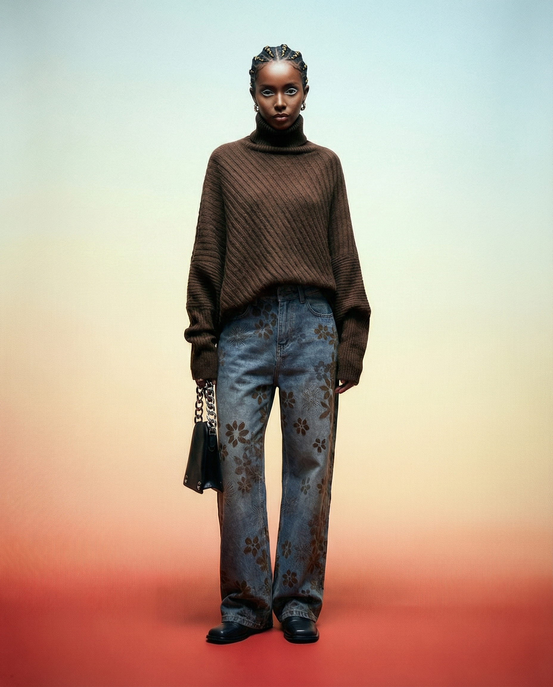 Floral Flock Wide-Leg Denim Jeans – Washed Blue