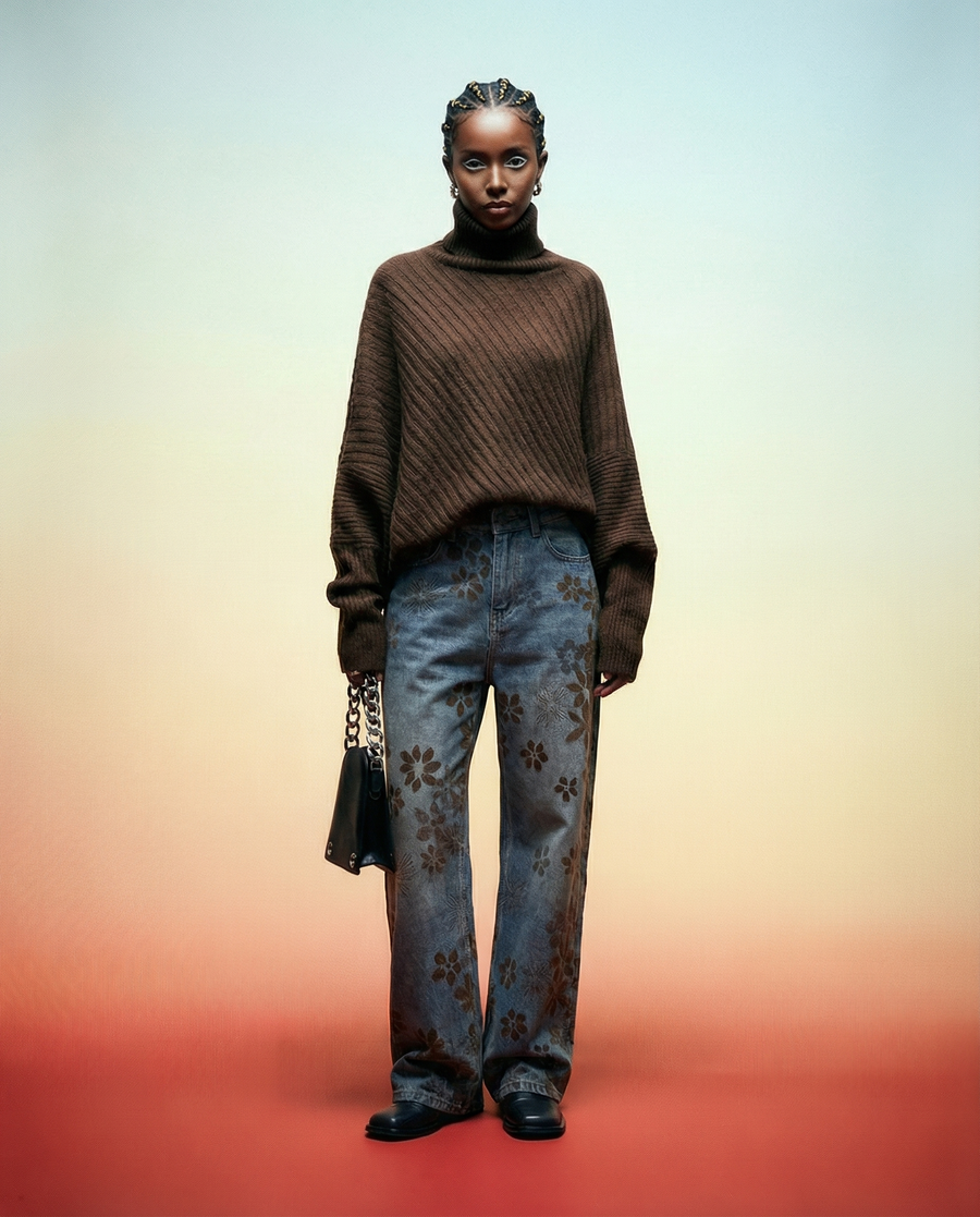 Floral Flock Wide-Leg Denim Jeans – Washed Blue-SimpleModerne