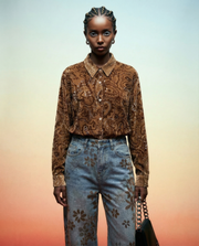 Floral Flock Wide-Leg Denim Jeans – Washed Blue-SimpleModerne