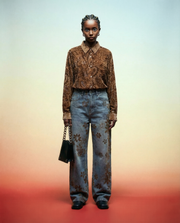 Floral Flock Wide-Leg Denim Jeans – Washed Blue-SimpleModerne