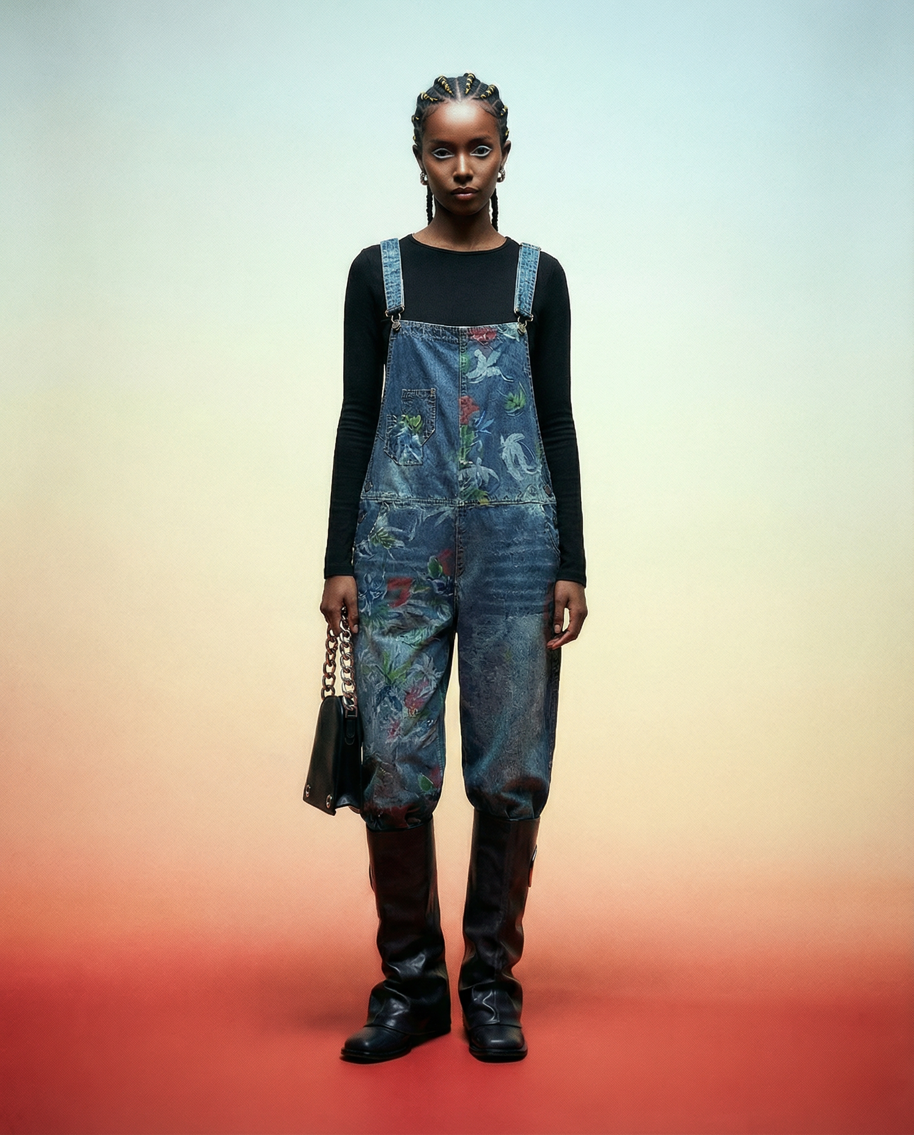 Vintage Floral Print Denim Overalls - Relaxed Fit & Unique Wash-SimpleModerne