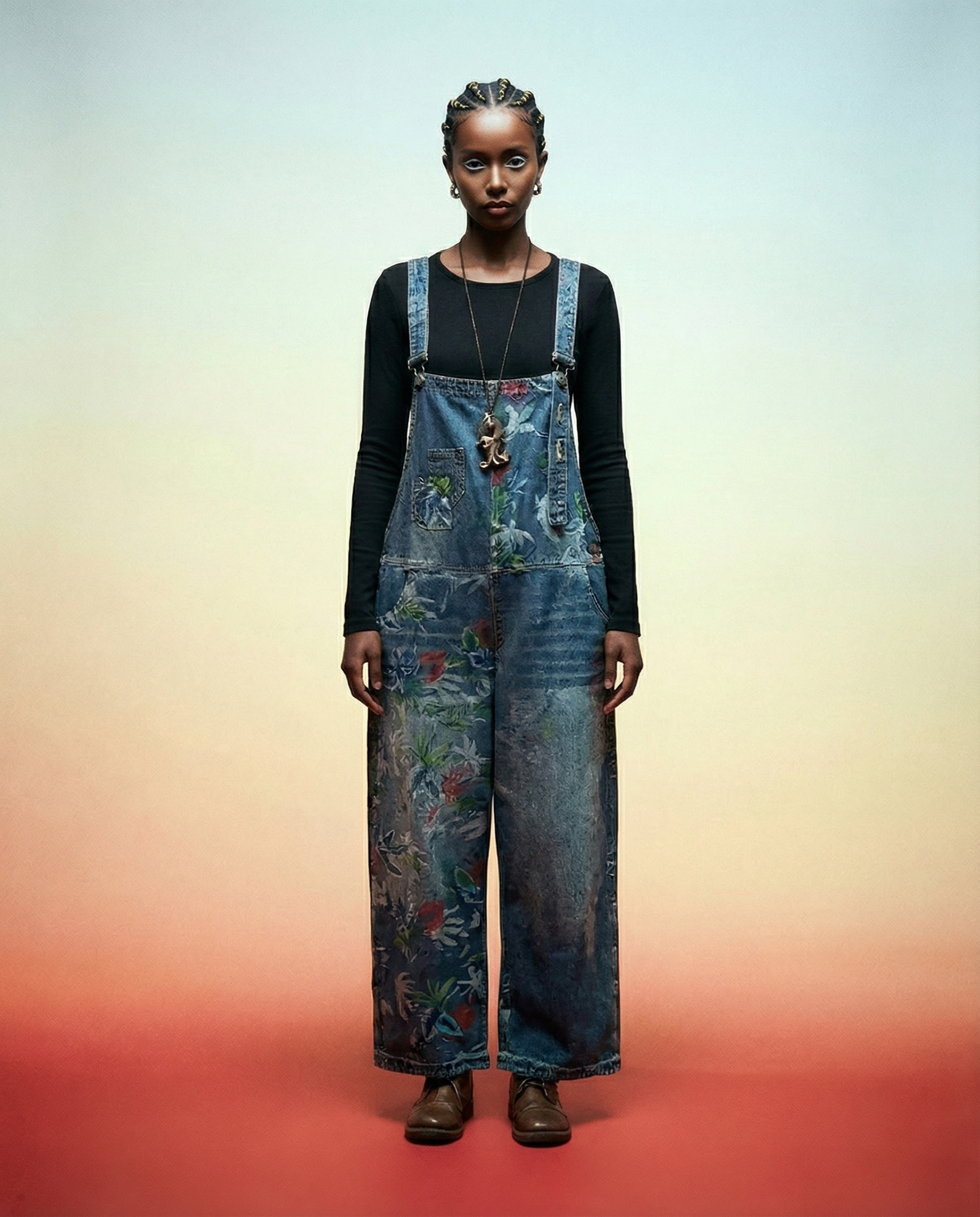 Vintage Floral Print Denim Overalls - Relaxed Fit & Unique Wash-SimpleModerne