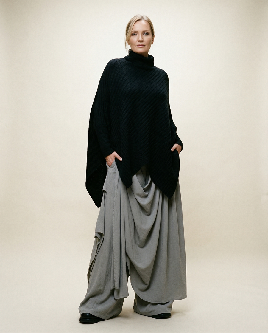 Draped Layered Wide-Leg Trousers – Soft Lightweight Fabric in Mist Grey & Black