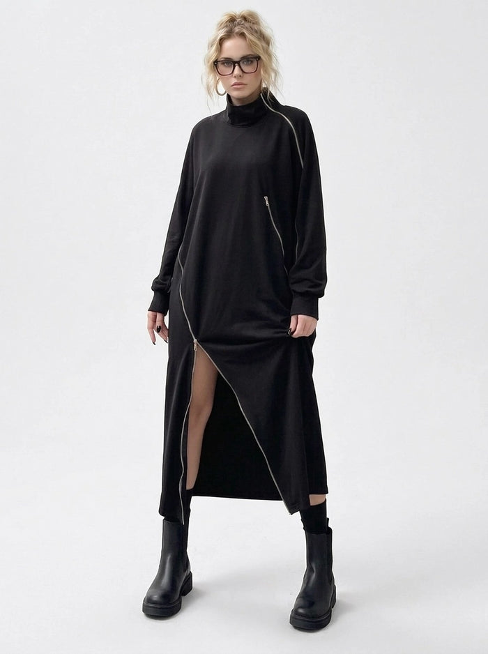 Zip It Black Turtleneck Pullover Dress-SimpleModerne