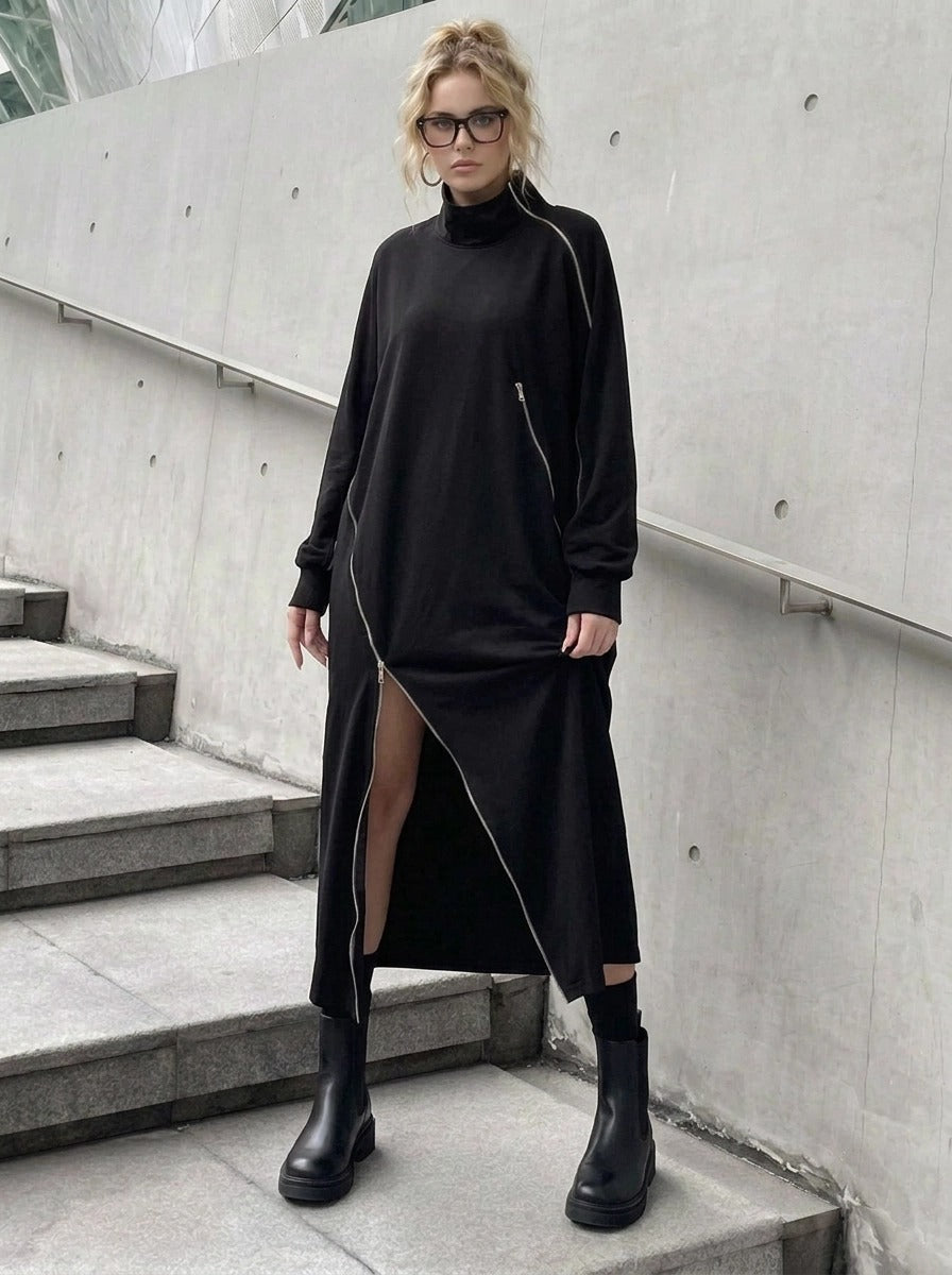 Zip It Black Turtleneck Pullover Dress-SimpleModerne