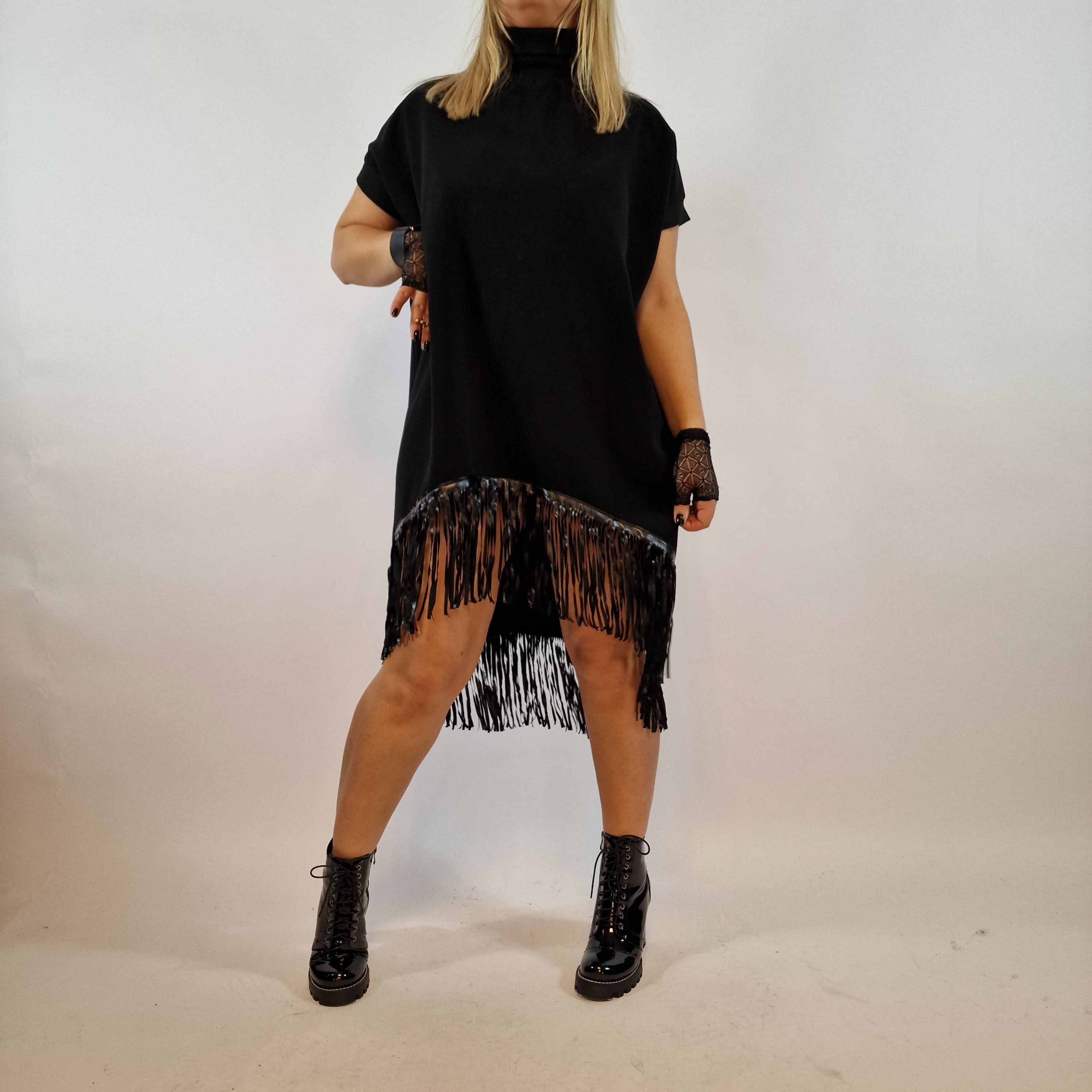 Casual Minimal Goth Fringe Pullover Dress-SimpleModerne