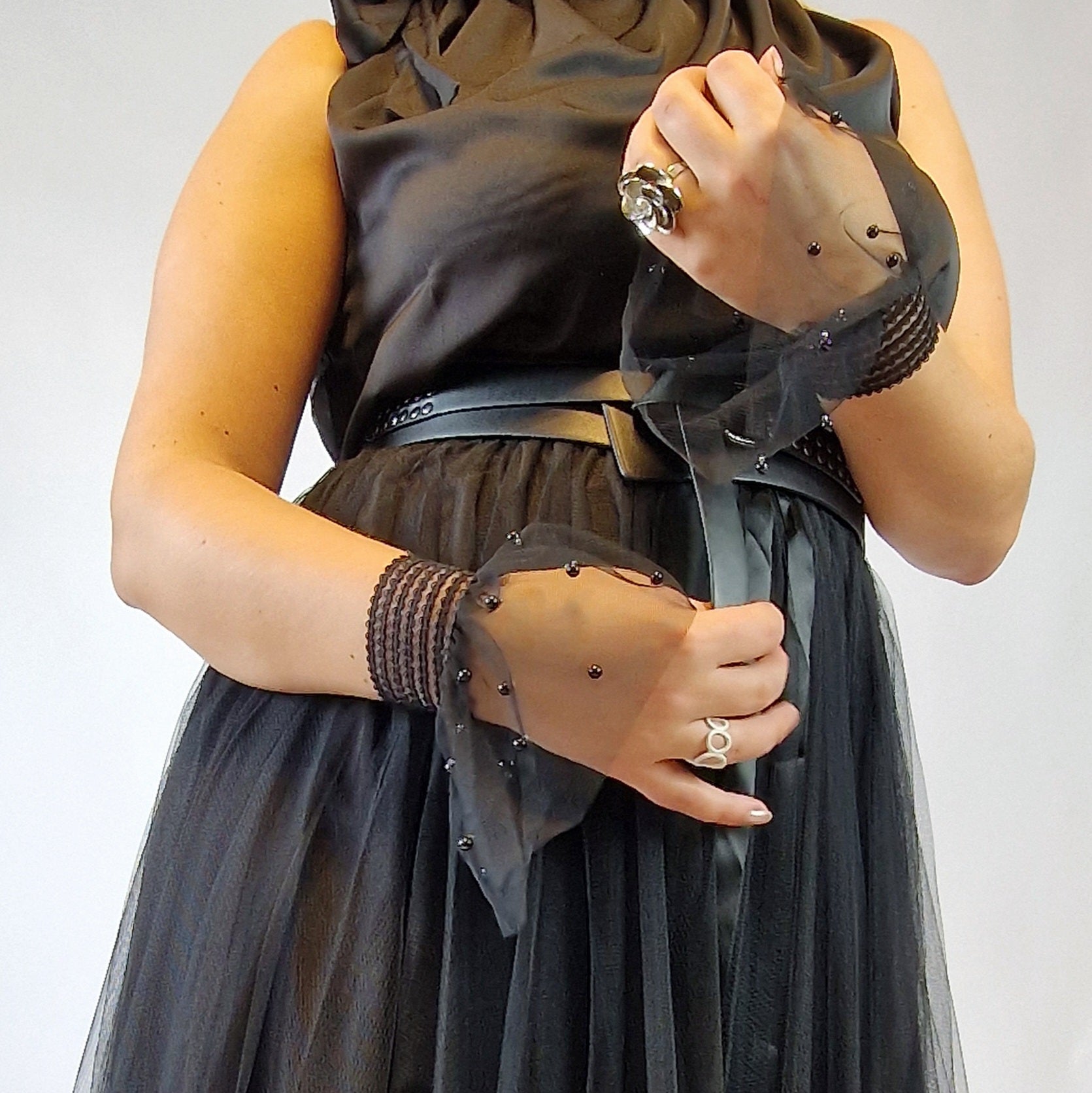 Casual Minimal Goth Romantic Black Tulle Cuffs-SimpleModerne