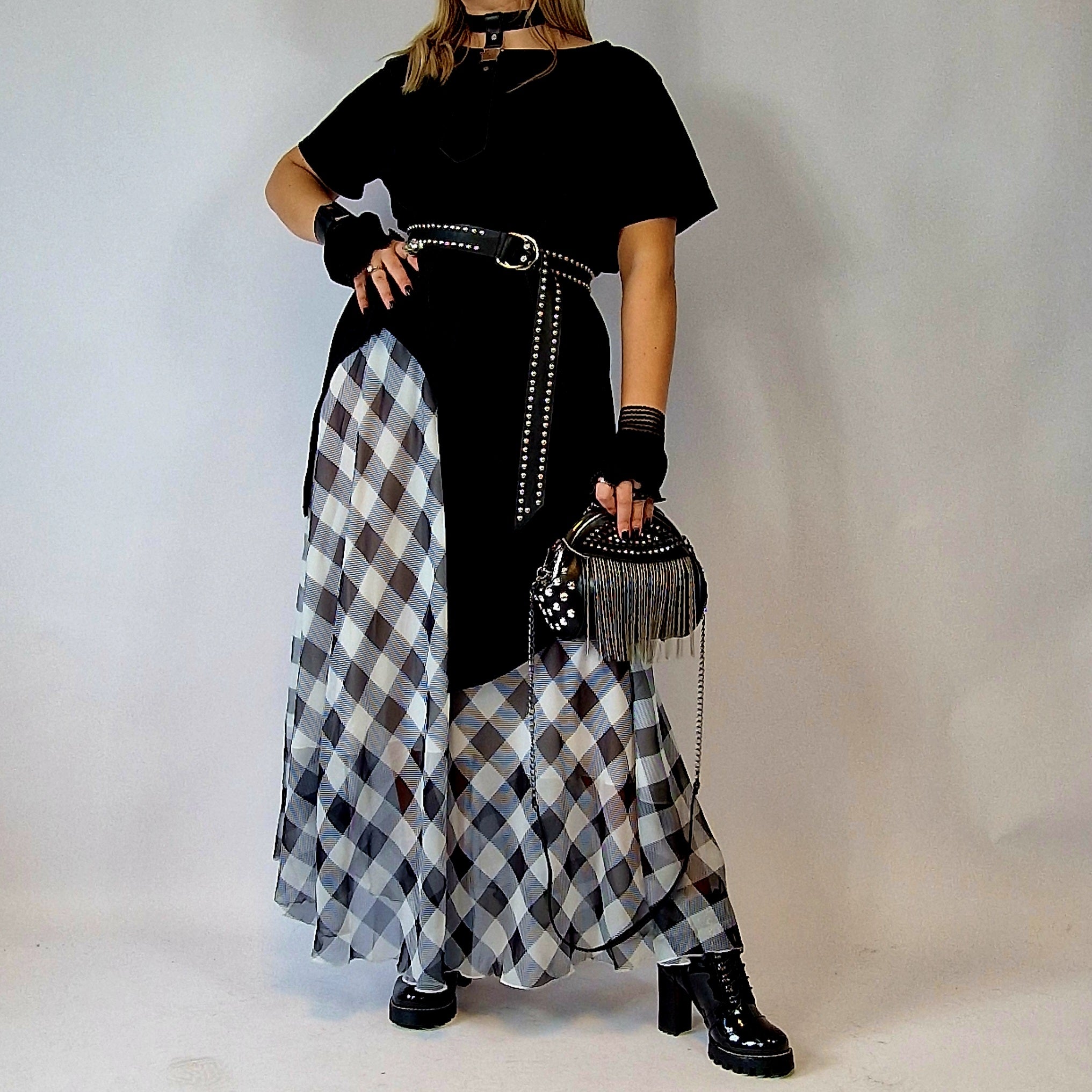 Casual Minimal Goth Maxi Gray Tartan Skirt-SimpleModerne