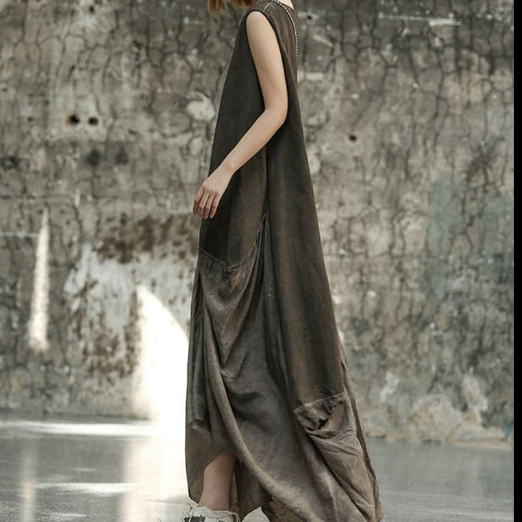 Casual Minimal Goth Maxi Irregular Design Gray Dress